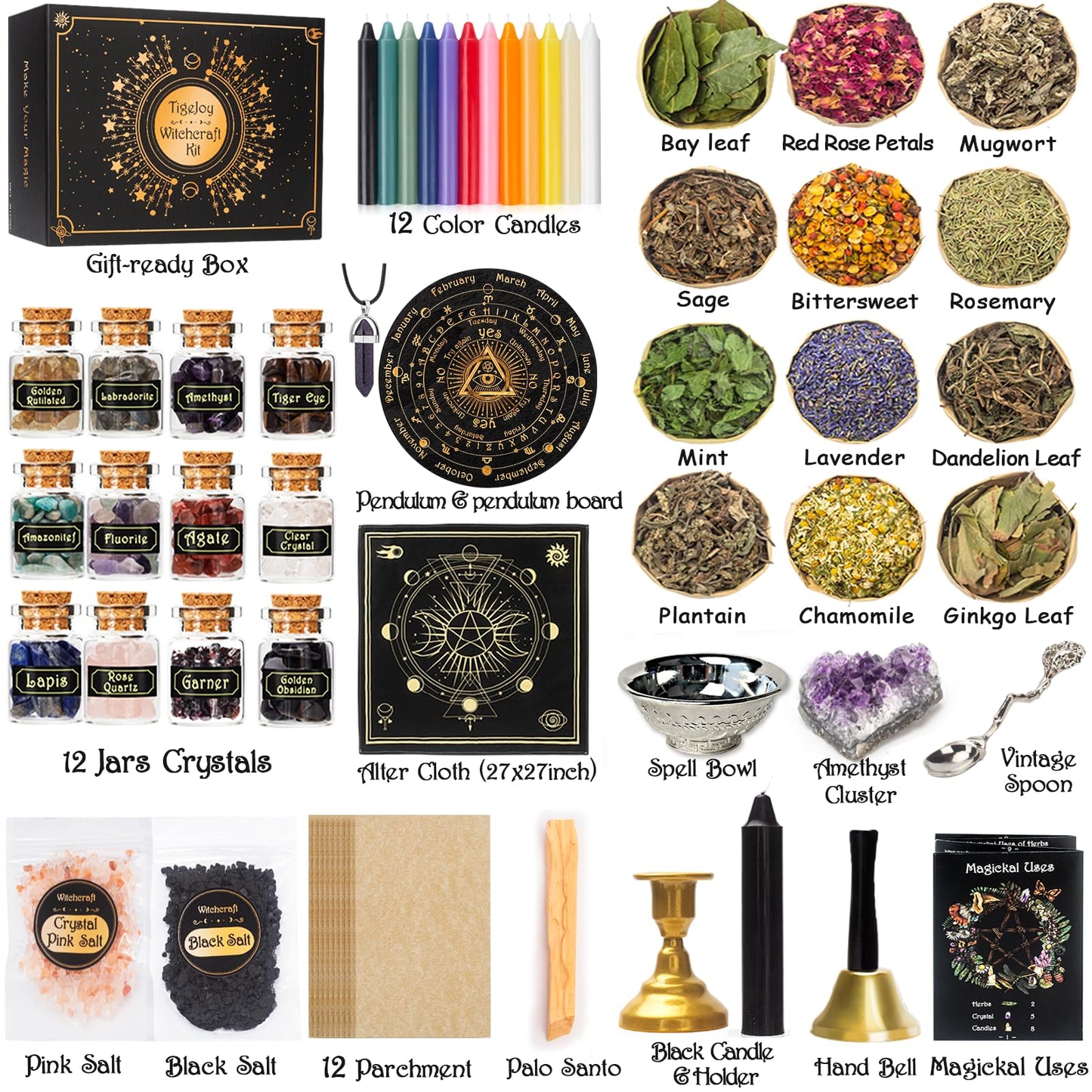 TigeJoy Witchcraft Supplies Witch Stuff Spell Kit 60PCS, Wiccan Tools, Include Herb Crystal Candle Amethyst Altar Bowl Witch Bell, Witch Gift Wiccan Starter Kit Altar Supplies Pagan Decor