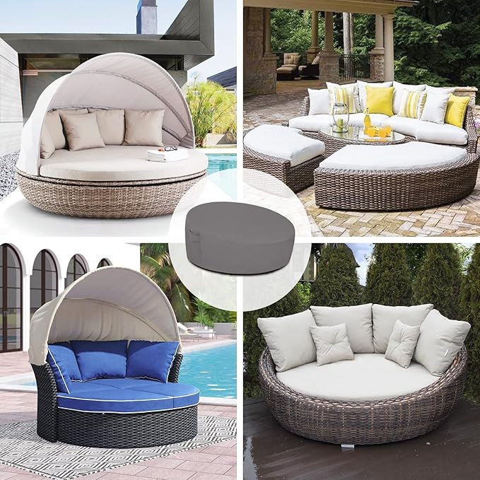 Easy-Going Heavy Duty 600D Outdoor Daybed Cover 92 Inch UV Resistant Patio Round Sofa Cover Waterproof Outdoor Canopy Daybed Sofa Cover with Air Vent 92" Dia x 35"/18" H, Grey