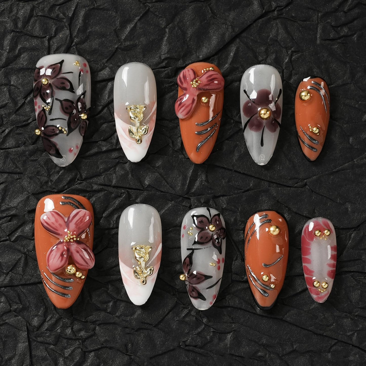 Tesytto Almond Press on Nails Handmade - 3D White Flower & Caramel Orange Glossy Design, Luxury Embossed Reusable False Nails for Daily Wear(Orange Pink Flower Glaze, M)