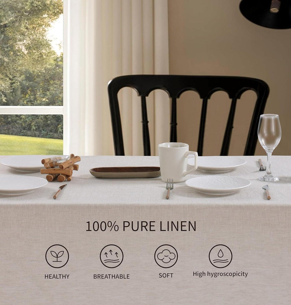 100% French Flax Linen Tablecloths Scalloped Embroidery Rectangle 84Lx60W Inch for Dinners, Parties, Spring, Easter, Machine Washable, 6-8 Sets, Linen(Edges-Gold)