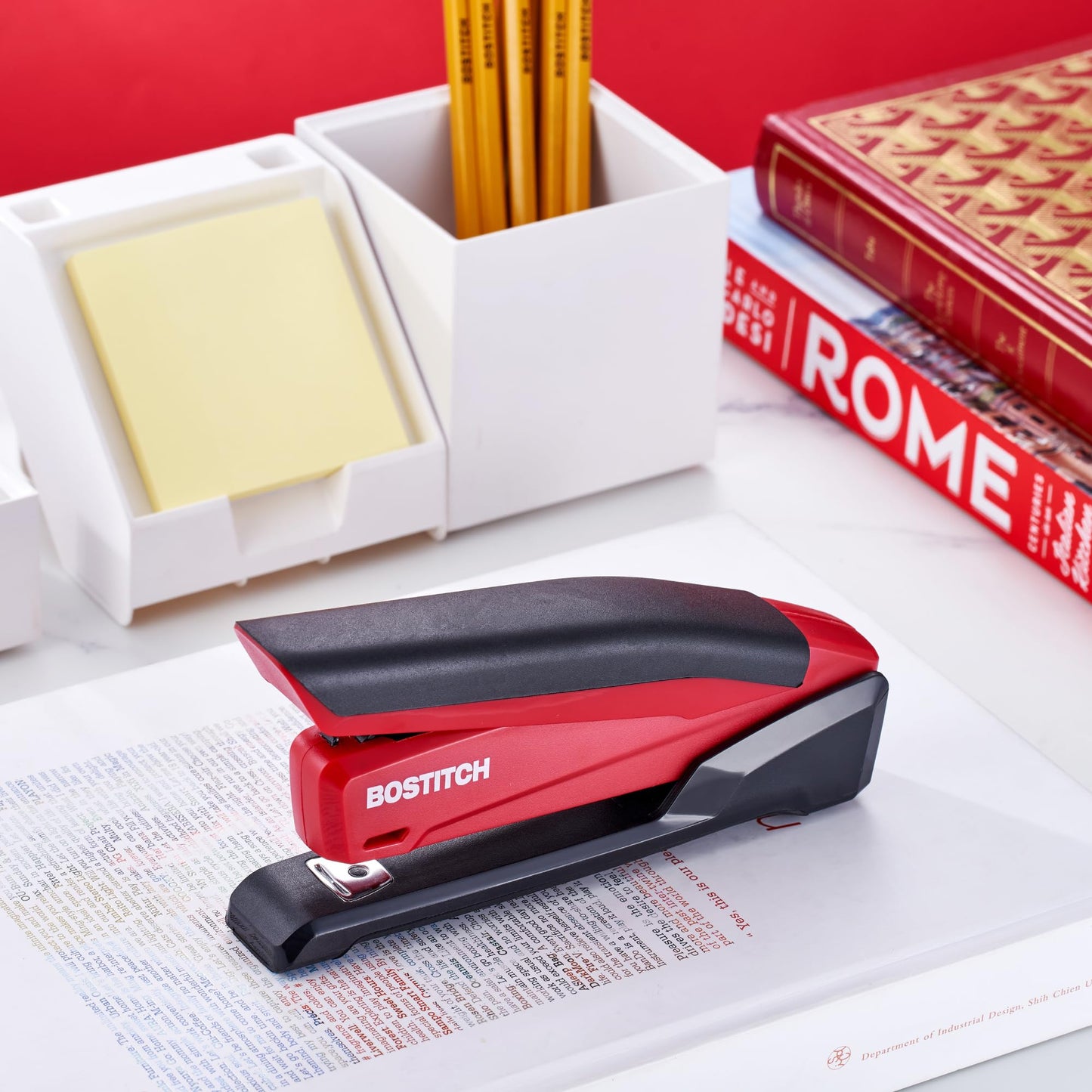Bostitch Office Executive 3 in 1 Stapler, Includes 210 Staples and Integrated Staple Remover, One Finger Stapling, No Effort, 20 Sheet Capacity, Spring Powered Stapler, Red