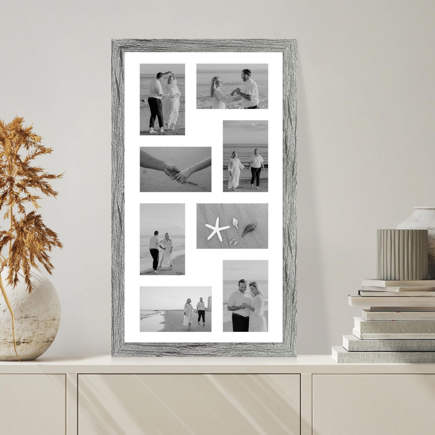 Hongkee 12x22 Picture Frame Set of 2, Grey with Glass Collage Frame, Display Eight Opening 4x6 Photos With Mat or 12 x 22 Newspaper Without Mat - Horizontal or Vertical Wall Mounting