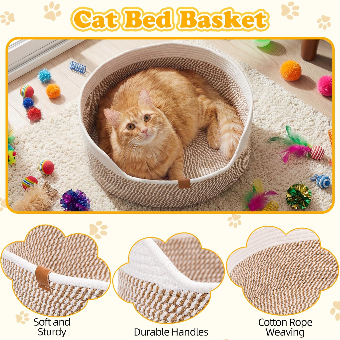 Leitee Mother's Day Cat Bed Storage Basket with 40 Pcs Cat Variety Toys Pack Set Includes Pillows, Spring Toy, Fish, Chew Rope and Balls for Kitten Kitty Swat Hunt Interactive Pet(White,Yellow)