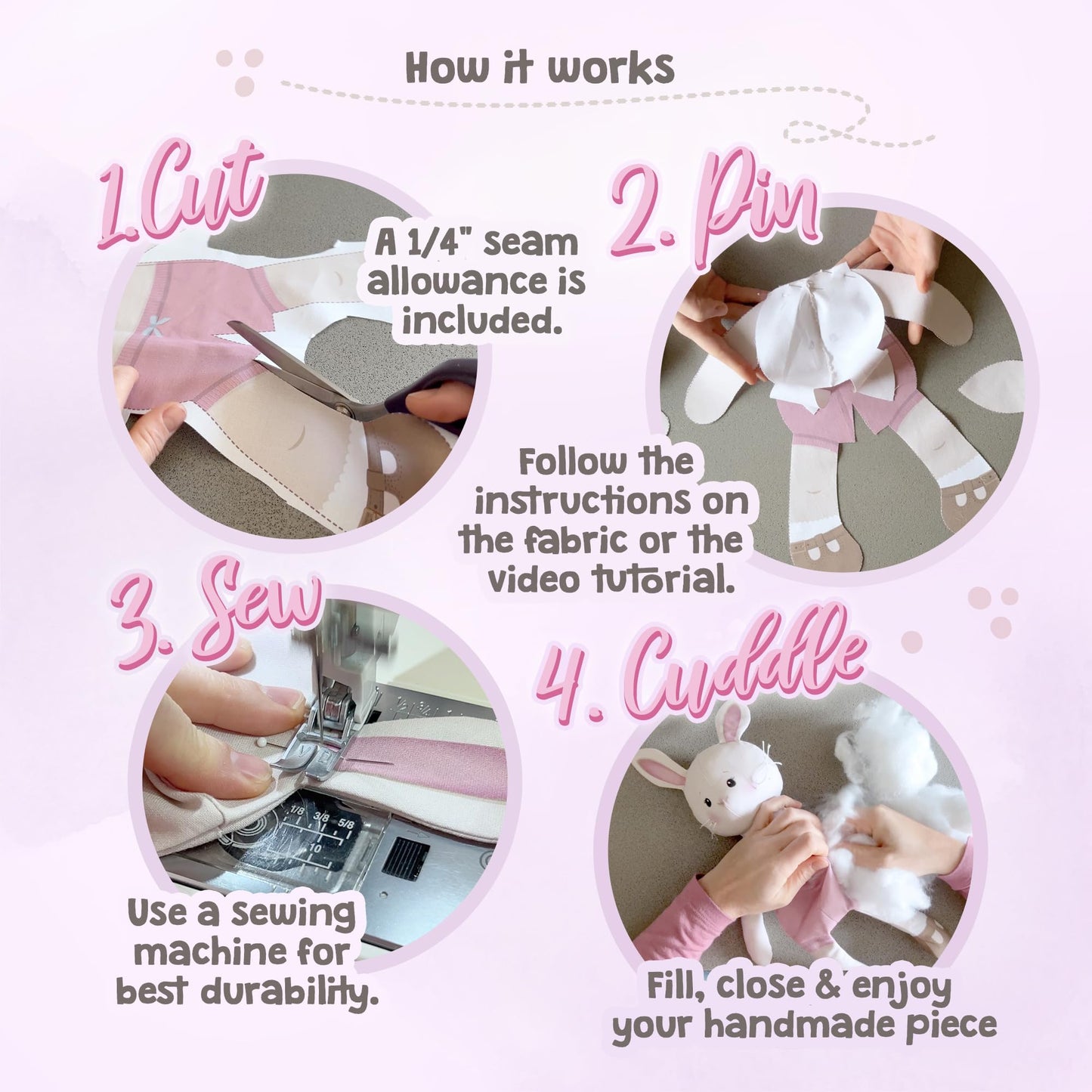 Doll Sewing Panel for Intermediate Skills - with Video Instructions - Cut & Sew Fabric Panel Doll with Clothes: Dress Me Bestie Bibby Bunny