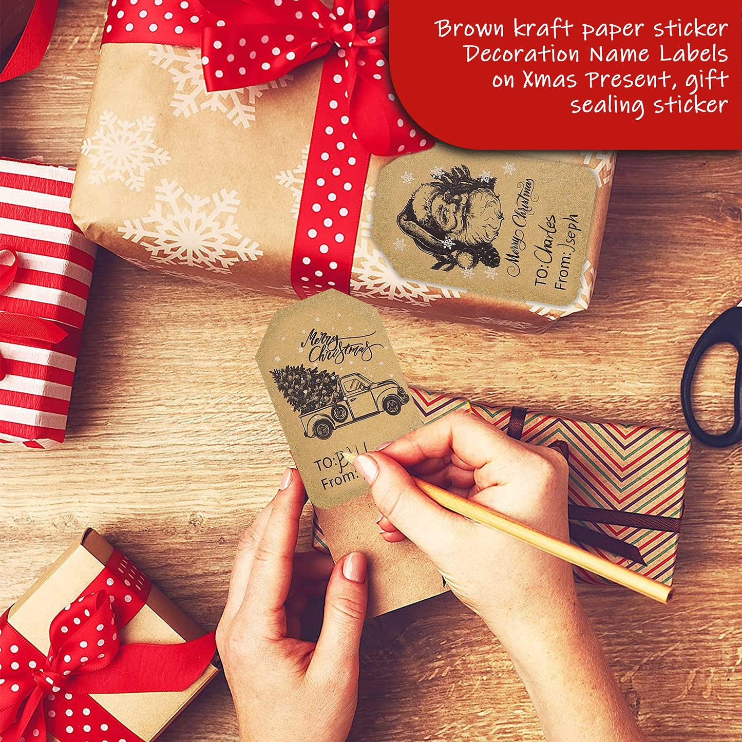 Kraft Christmas Gift Label Stickers 2 x 3 Inch Self-Adhesive Name Christmas Gift Tag Stickers 120 Pieces a Roll