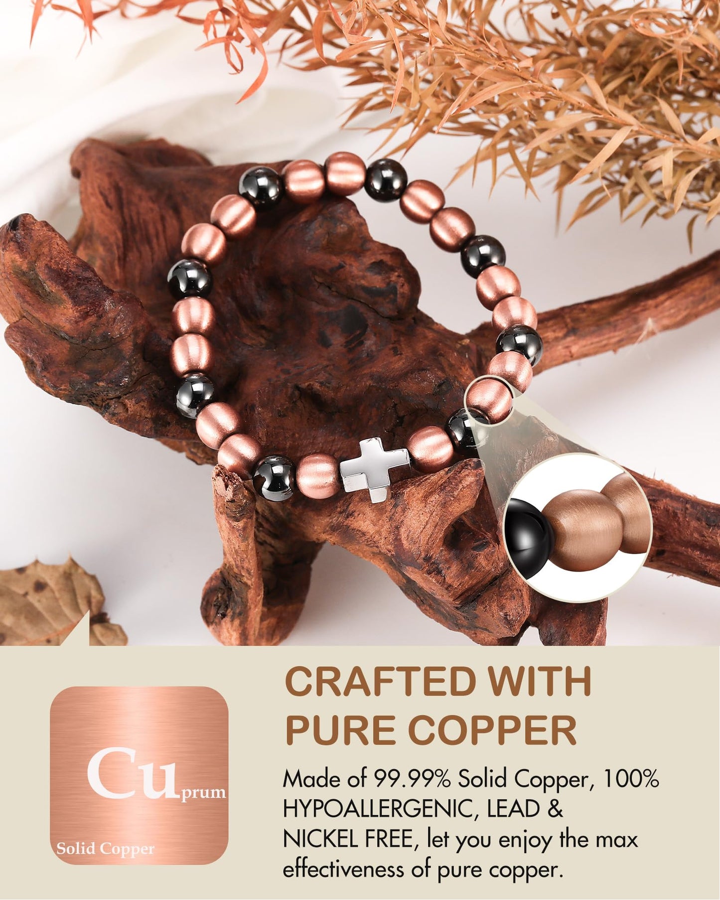 Feraco Pure Copper Magnetic Bead Bracelet for Men Women with Cross, 8mm 99.99% Solid Copper & 3500 Gauss Magnetic Hematite Beads, Unisex Stretch Wristband, Gift-Ready Jewelry (Silver)