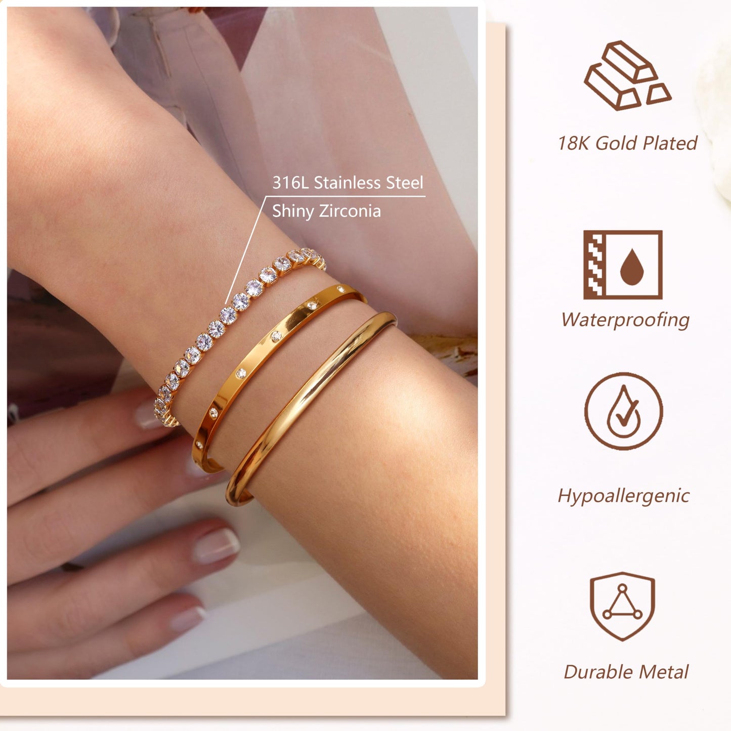 Fansilver 3PCS Gold Bracelets Set - 14K Gold Plated Link, Cuff, Bead Ball, Twisted Chunky Bangle Stackable Bracelets