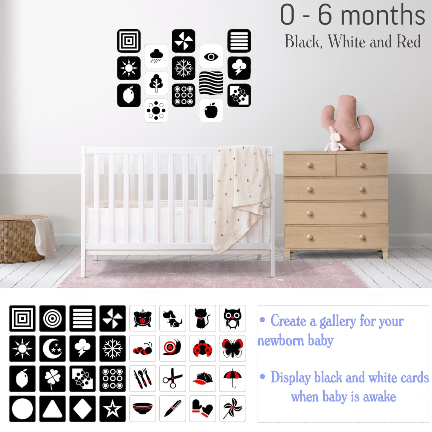 Baby Visual Stimulus Cards, Black White Red Pattern, High Contrast Flash Cards, 128 Designs, Anti-Glare Coating, 0-36 Months Development, Smooth Edge Design