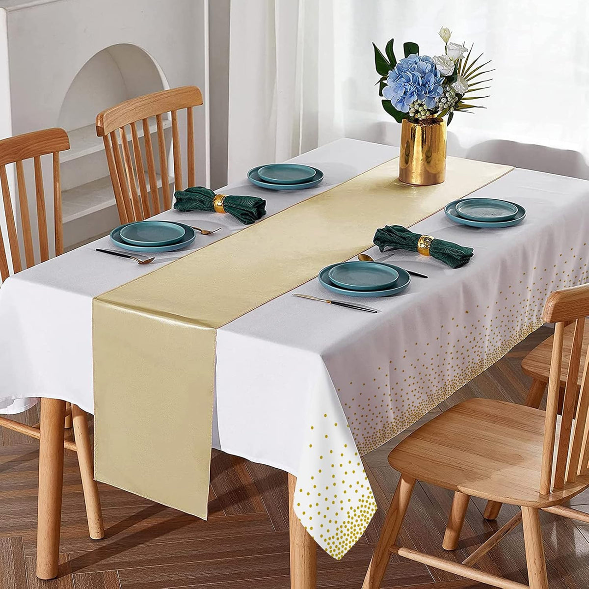 8Pack Disposable Plastic Tablecloths and Satin Table Runner Set White and Gold Dot Tablecloth Gold Satin Table Runner for Wedding Birthday Baby Shower Anniversary Christmas New Year Party Decorations