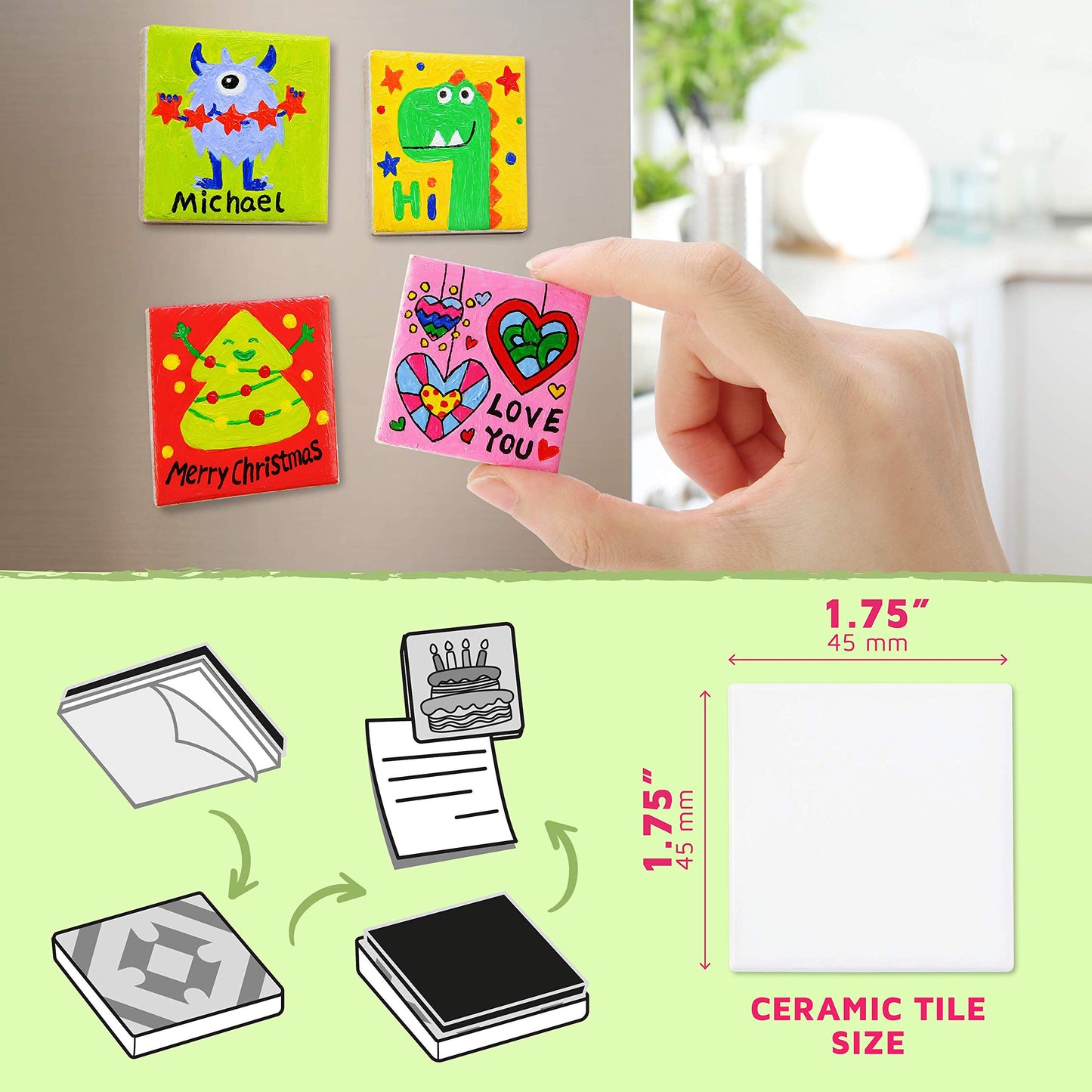 Magnetic Mini Tile Art - DIY Craft Kit; Design and Paint Magnet Tiles - Kids Paint Arts & Crafts Project; Includes 12 Tile Magnets, 8 Paint Colors, 2 Brushes and Marker; Fun Ceramic Tile Painting Kit