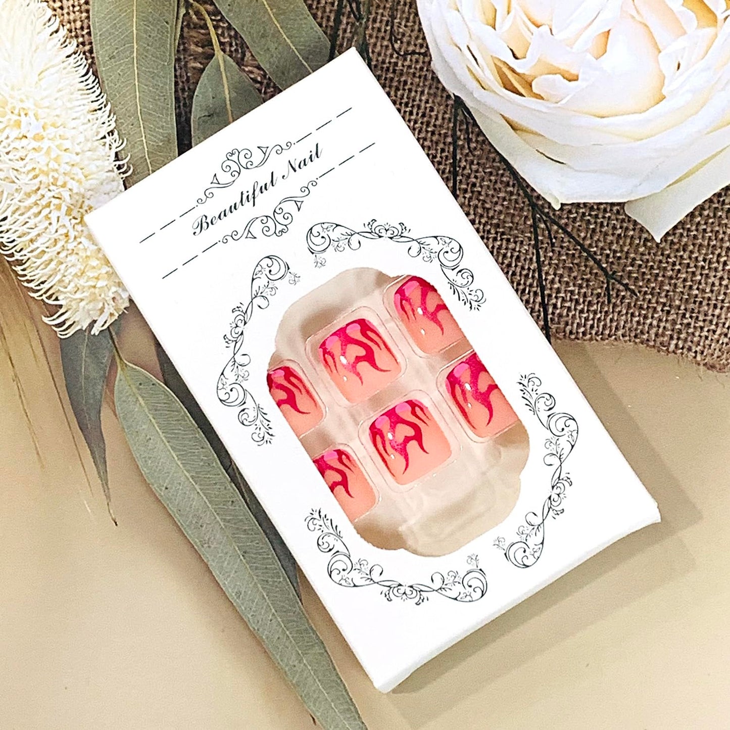 FIEONCIY 24pcs Press-on Square Acrylic False Nails Set with Glue, Pink French & Flame Designs, Spring & Summer, Full Cover Nails, Women's DIY Manicure