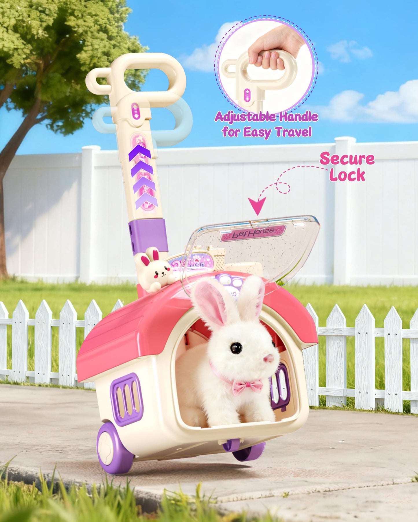 23Pcs Hopping Bunny Toy Set for Kids, Interactive Electric Walking Rabbit with Rolling Carrier House, Pretend Play Pet Care Grooming & Feeding Kit, Stuffed Animal Gift for Toddlers 3-5