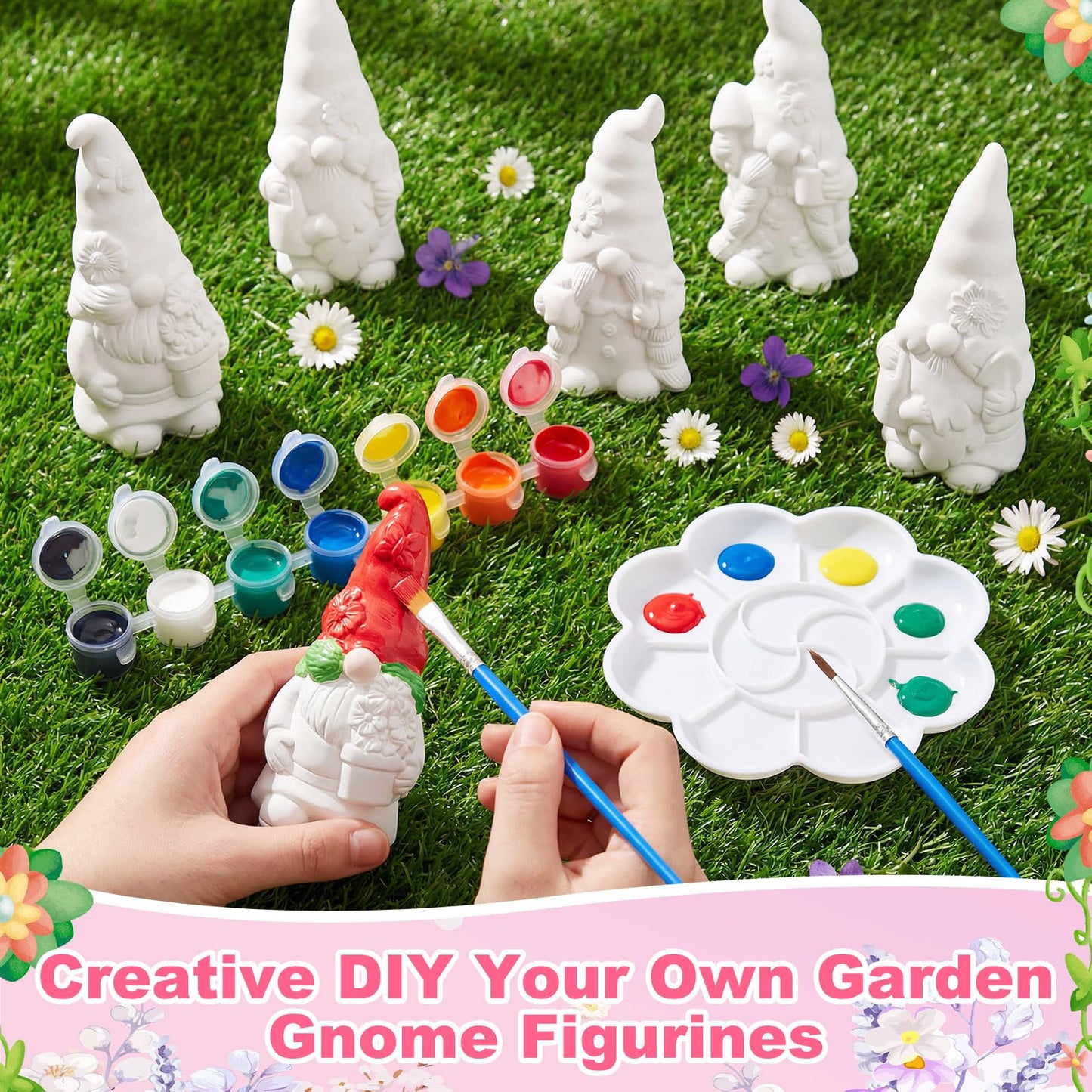 Arrowbash 6 Pcs Garden Ceramics to Paint Ready to Paint Your Own Gnome Statues 5.12 Wildflowers Theme Paintable Figurines DIY Unpainted Ceramics Plaster Crafts Kit with Brush Palette