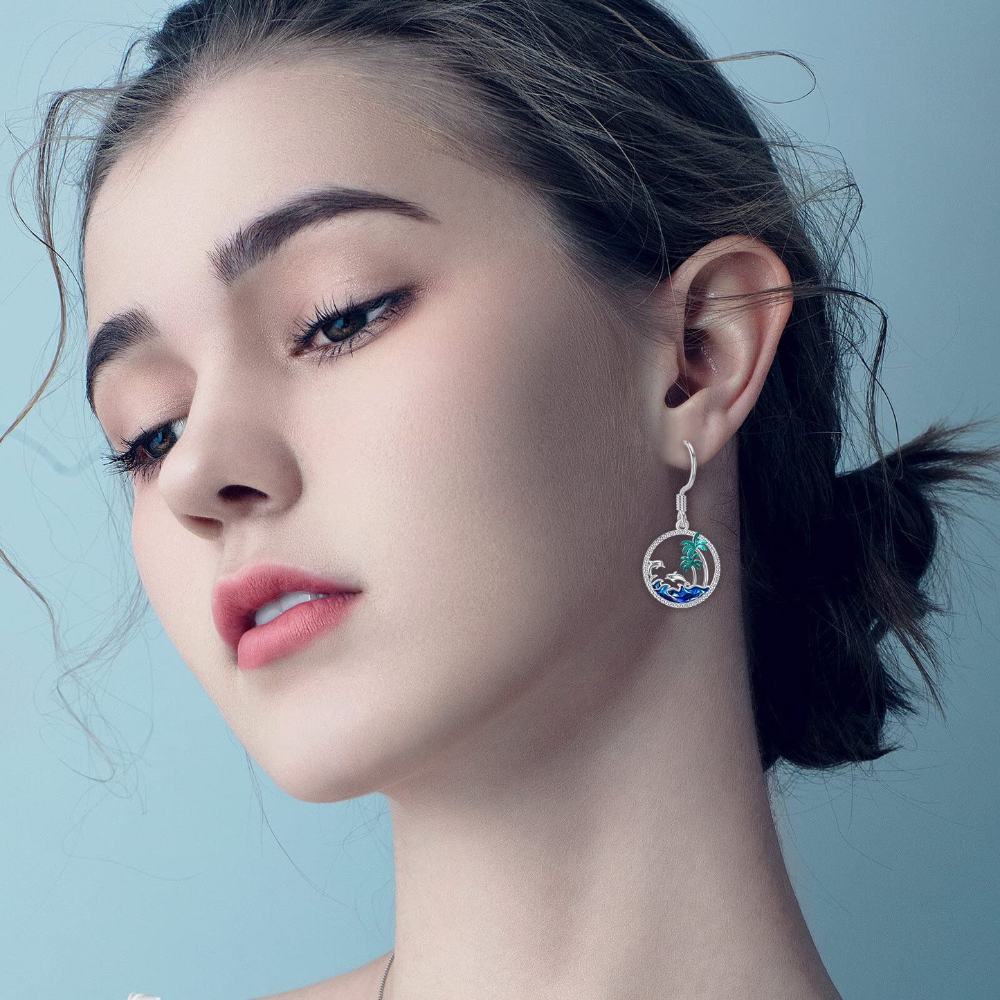 PROESS Dolphin Earrings Sterling Silver Palm Tree Earrings Ocean Wave Jewelry Gift For Women