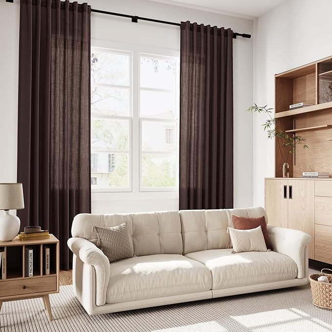 Coffee Brown Linen Curtains for Living Room 105 Inches Long Light Filtering Semi Sheer Curtain Back Tab Luxury Modern Rustic Home Decor Neutral Drapes for Bedroom Dinner Room 52x105, 2 Panels