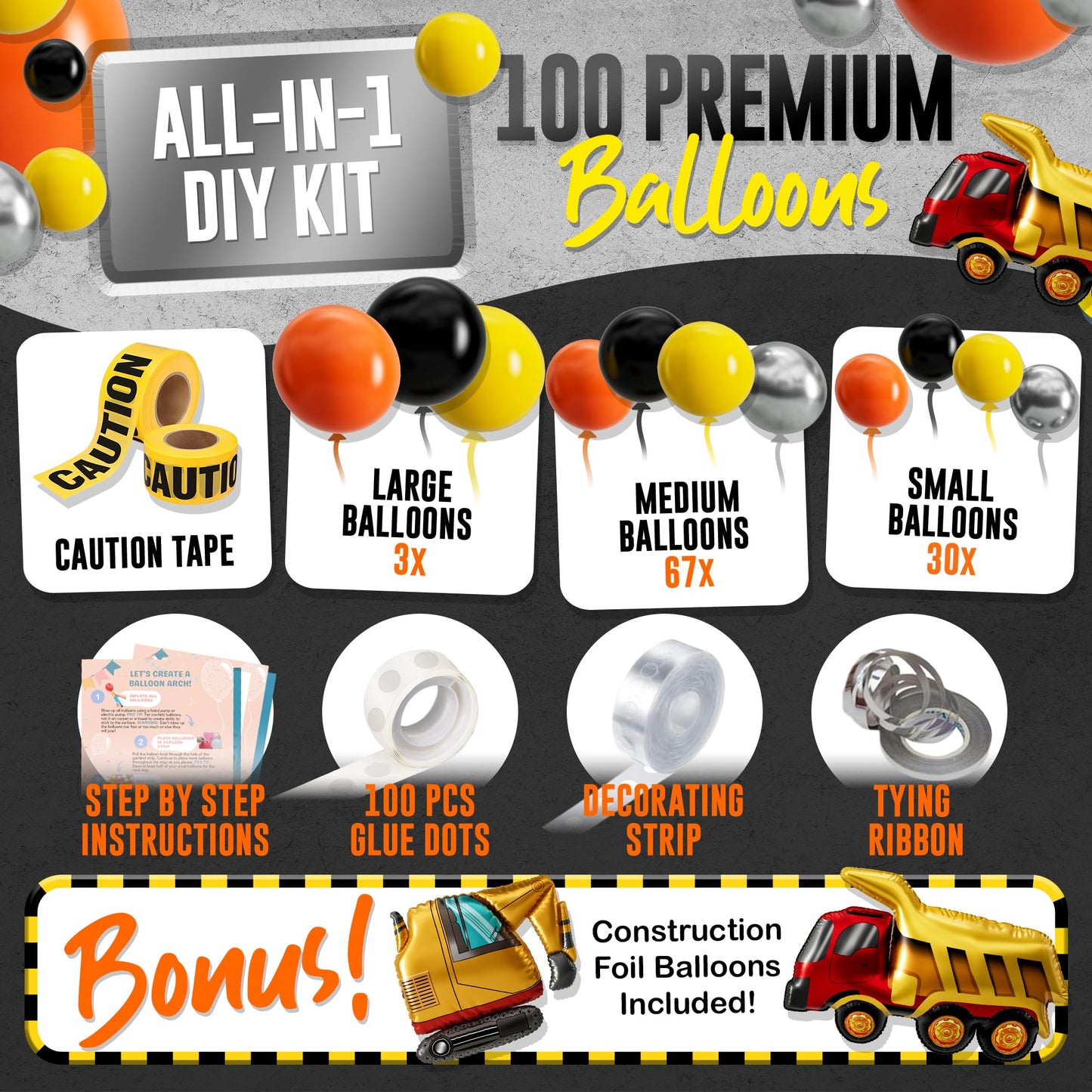 ALL-IN-1 Construction Balloon Arch Kit with BONUS Caution Tape & Truck Balloons - Construction Balloons for Excavator Birthday Decorations - Construction Birthday Party Supplies & Decorations