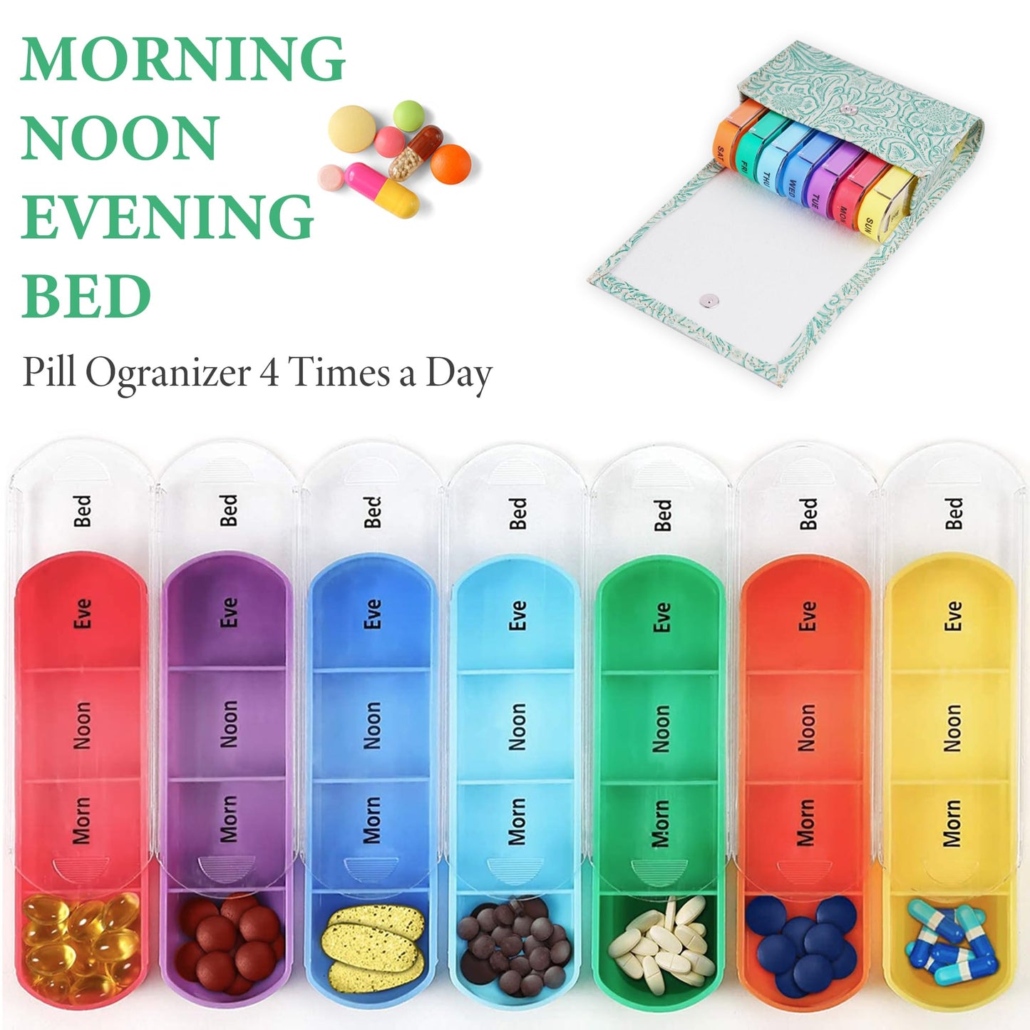 Pill Organizer,Haecsfl Weekly Travel Pill Case Box Medication Reminder Daily AM PM, Day Night 7 Compartments,for 4 Times A Day, 7 Days a Week-Includes Leather PU Carrying Case(1-Carved Green1)