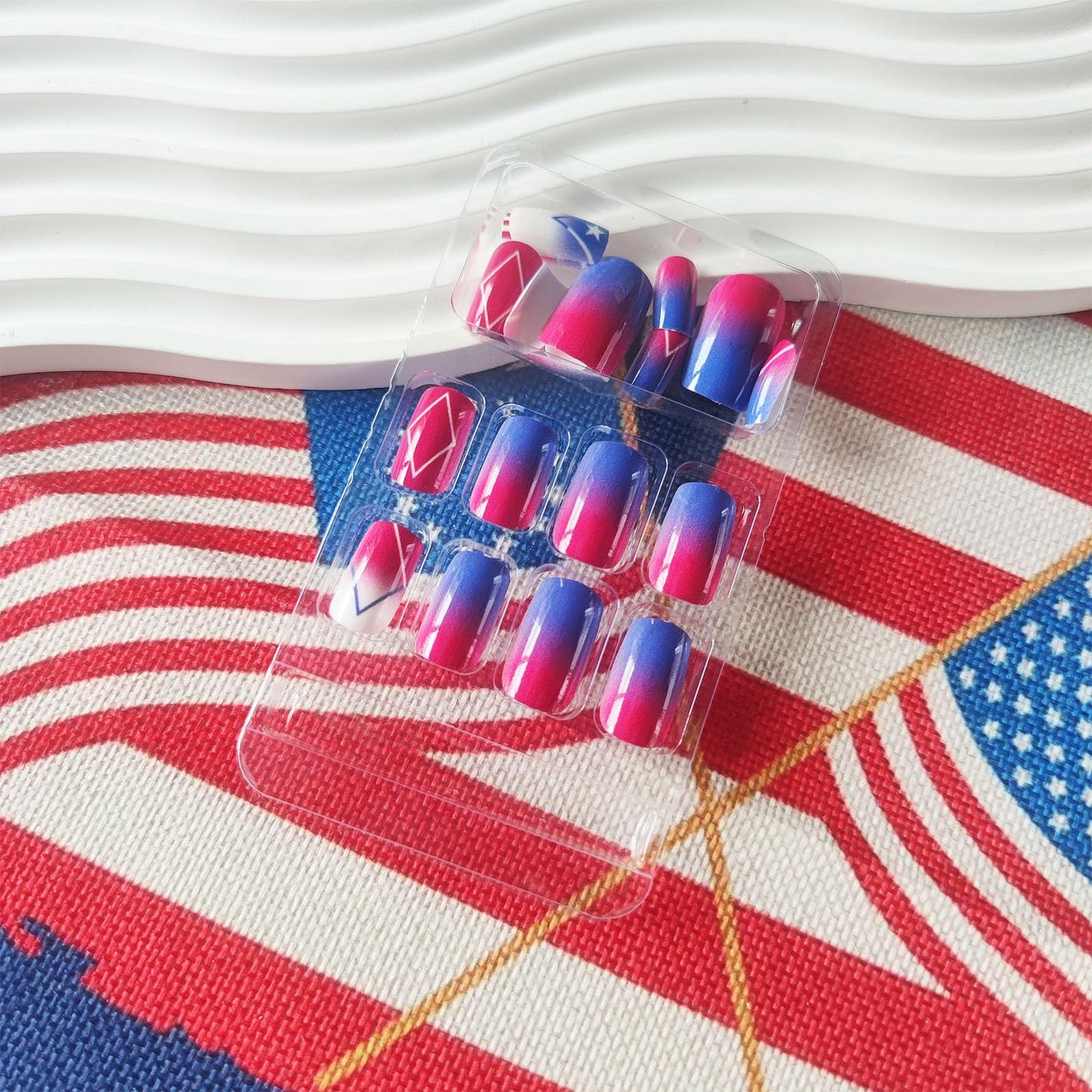 4th of July Press on Nails Glossy Blue Ombre Glue on Artificial Fingernails American Flag Fake Nails 24 Pcs Independence Day Acrylic False Nail HZJXRT Medium Square Stick on Nail for Women Gift