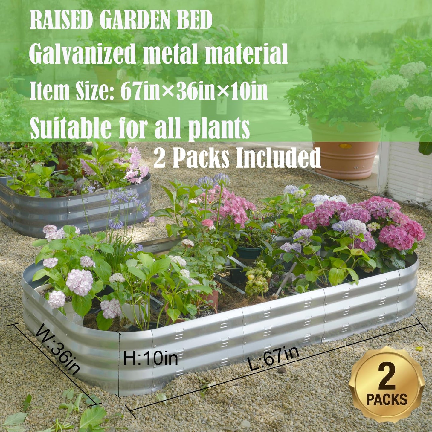 Colorfulbeetle Galvanized Raised Garden Bed Kit with 4 Internal Braces, 67x36x10in Large Metal Planter Raised Beds Outdoor, 0.8mm Thick Steel Outdoor Galvanized Planter with Vents, Silver (2PCS)