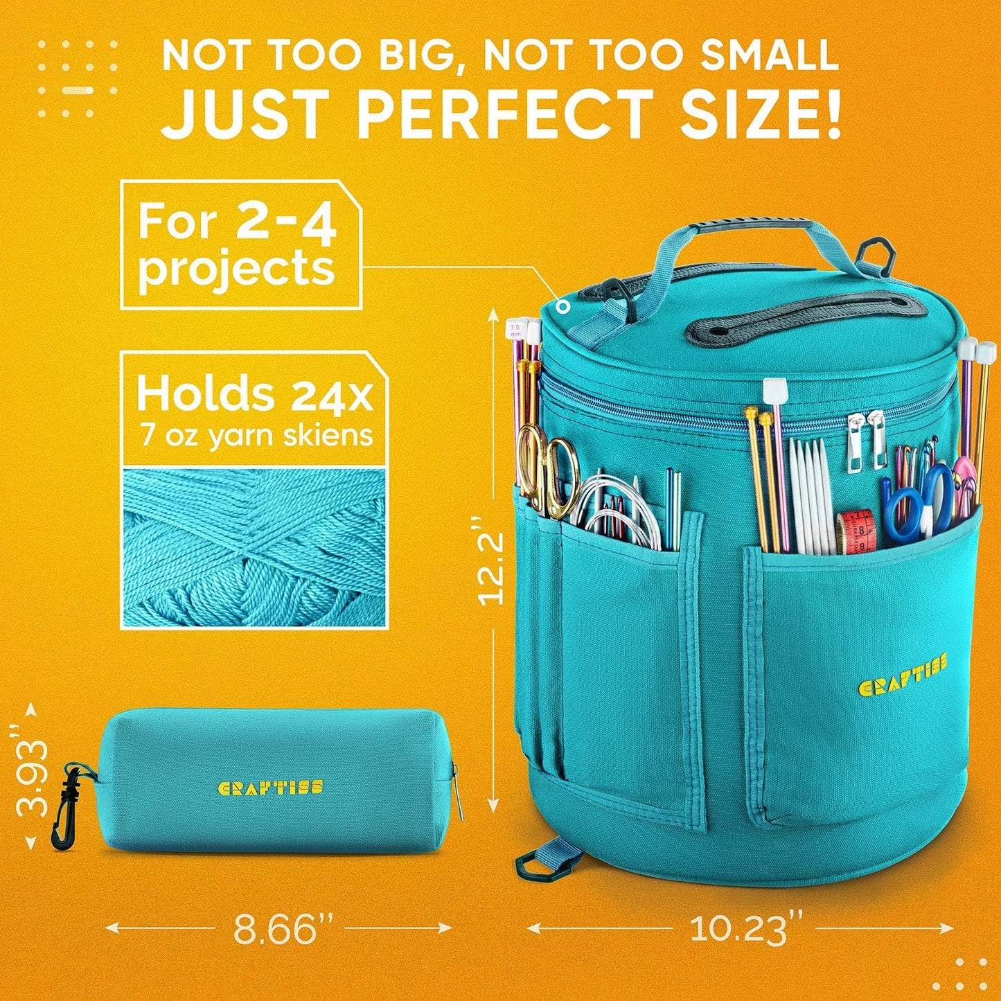CRAFTISS Knitting Bag Yarn Storage - Mothers Day Gift - Durable Canvas Yarn Holder for Crochet Accessories - Organizer Crochet Bag with Knitting Accessories Case (Turquoise)