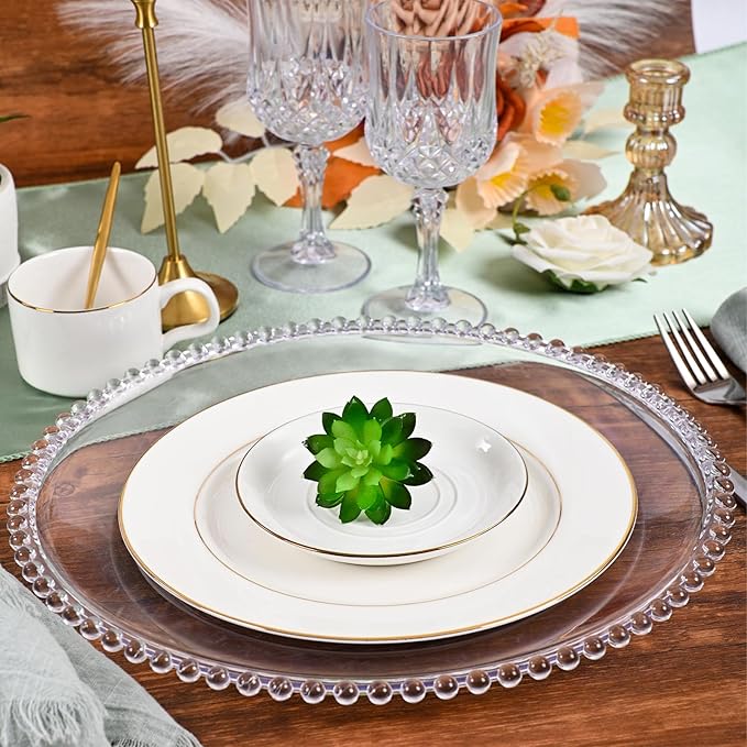 12 PCS Clear Round Charger Plates with Beaded Rim, 13 Inch Plastic Acrylic Plate, Plastic Round Beaded Dinner Decorative Service Plates for Wedding Party Event, Home Kitchen Tabletop(Clear)
