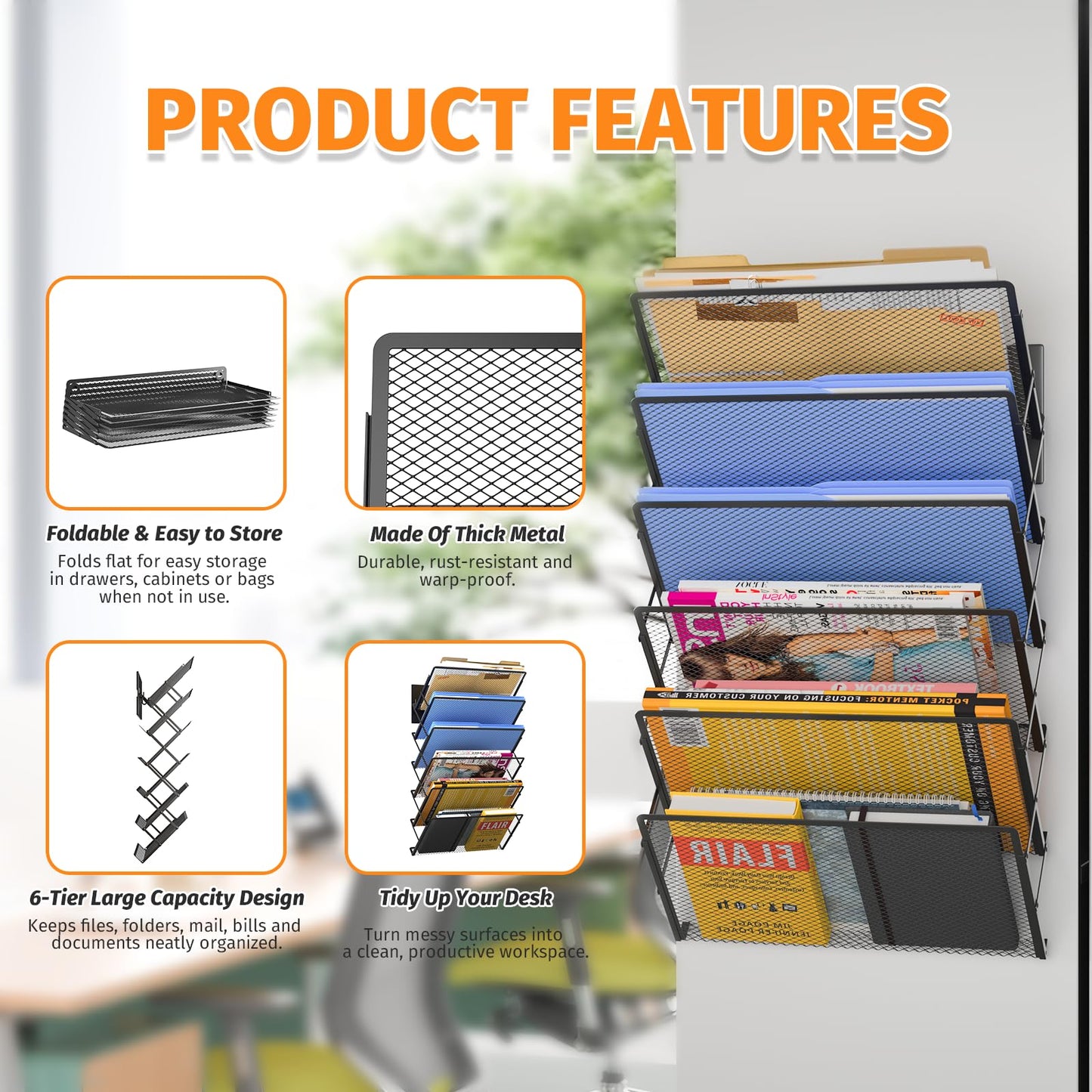 Mogbhw Magnetic File Holder, 6-Tier Foldable No Drilling Magnetic File Folder Holder, Space-Saving Black Magnetic Hanging File Organizer for Whiteboard, File Cabinets, Refrigerator, Office, Kitchen