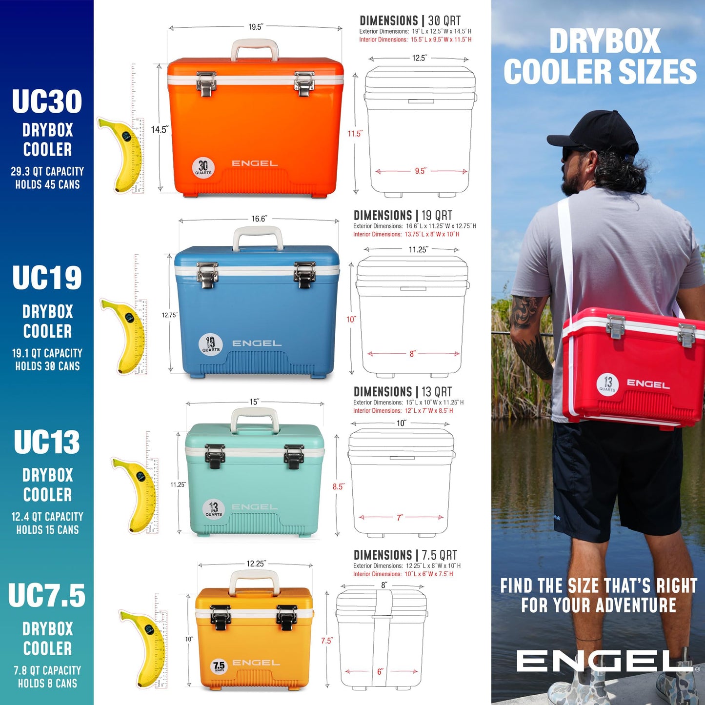 Engel UC19-RWB 19 Quart Fishing Live Bait Dry Box Ice Cooler with Stain/Odor-Resistant Surface and Shoulder Strap, USE Red, White and Blue with American Flag