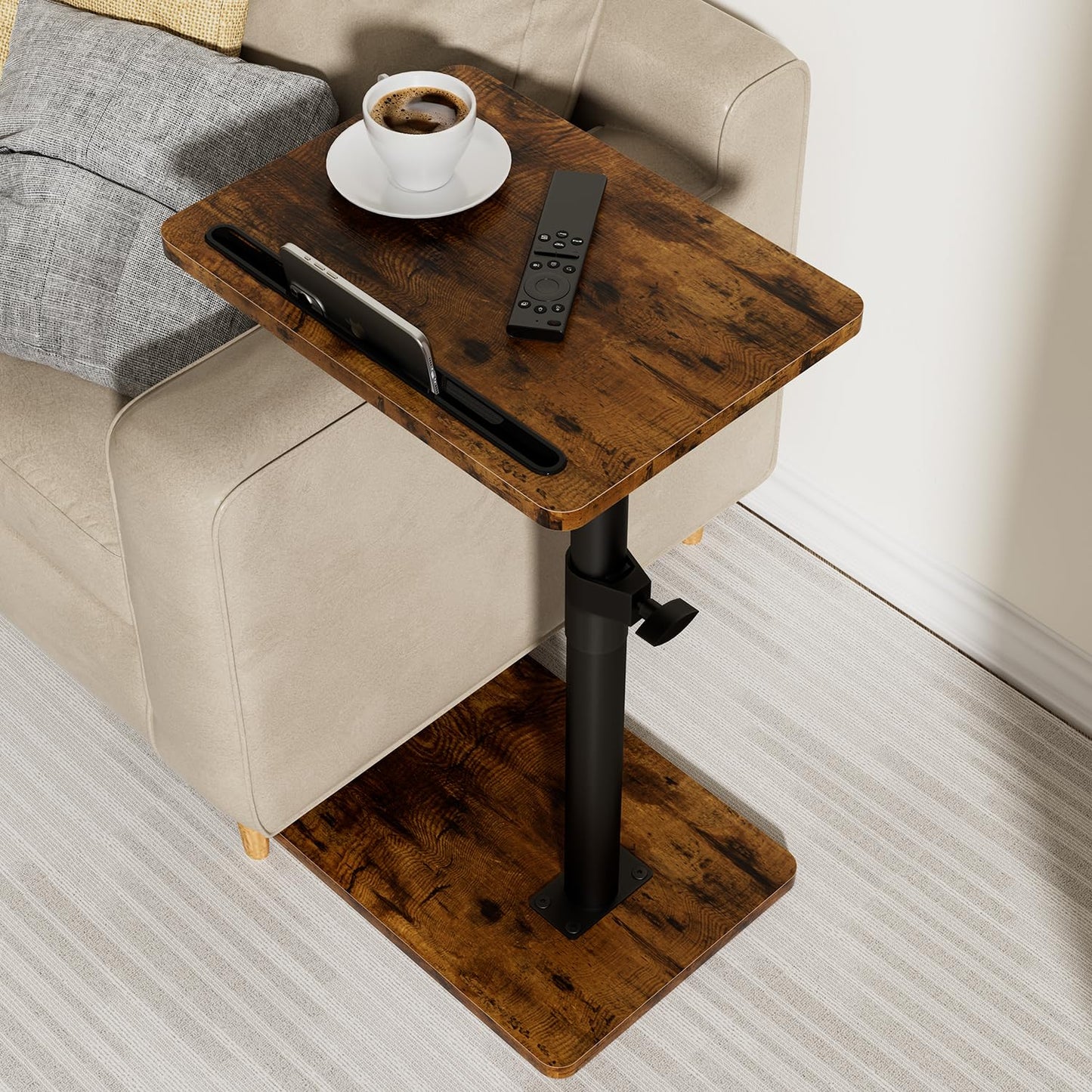 YUHFERA Sofa Armrest Tray Table for Couch - 360° Swivel Height Adjustable End for Small Spaces, Snack Side Table for Bed or Chair with Phone & Tablet Slot (Rustic,Standard)