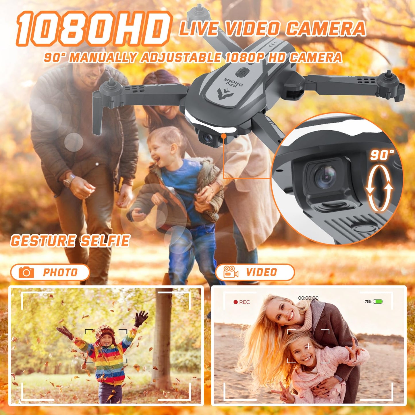 Drone with Camera for Kids Adults, Mini Foldable FPV Drones Remote Control Helicopter, RC Quadcopter with 1080P Live Video Camera, Gestures Selfie, One Key Start,2 Batteries, Toys/Gifts for Boys Girls