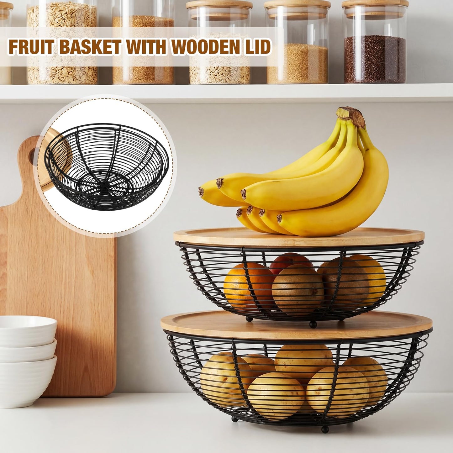 Ferrochef 2 Set Stackable Fruit Basket with Bamboo Lid 11.5 &10.5 Inch Black Metal Wire Large Fruit Bowl for Kitchen Counter Pantry Organizer and Storage for Veggie, Snacks