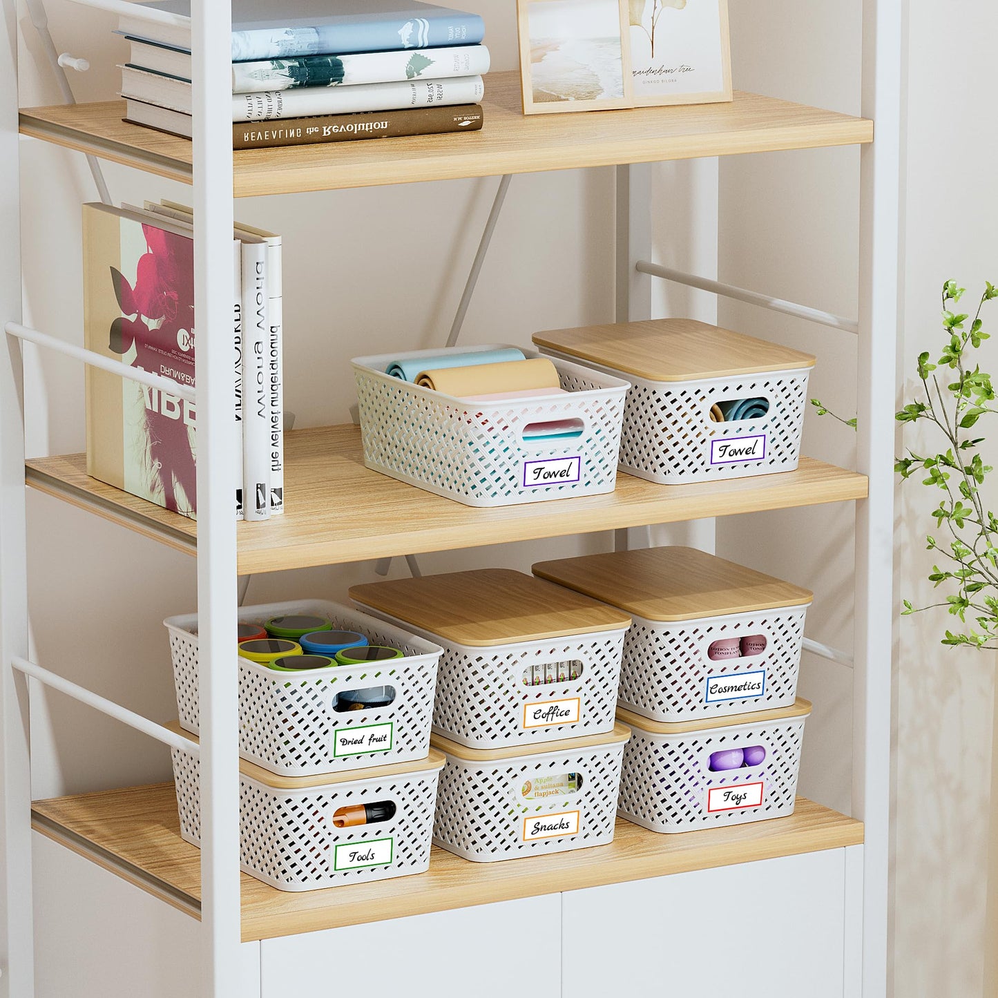 Anysig 8 Packs Plastic Storage Bins with Bamboo Lids - Stackable Storage Bins Decorative Small Basket Containers for Organizing Shelves Office Classroom Desktop Closet, Cream White