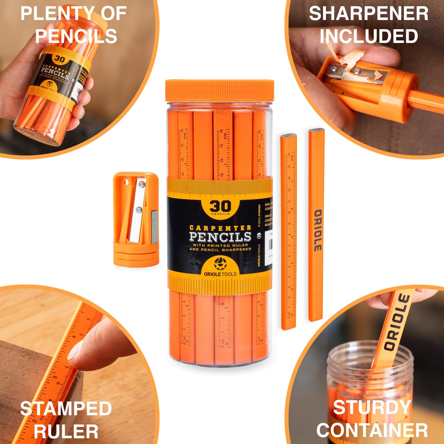 Carpenter Pencils Set with Ruler, 30-Pack of Flat Construction Pencil Bulk Kit by Oriole. Includes Sharpener Carpentry Pencil for Contractors, Framing, Custom Projects & Woodworking.