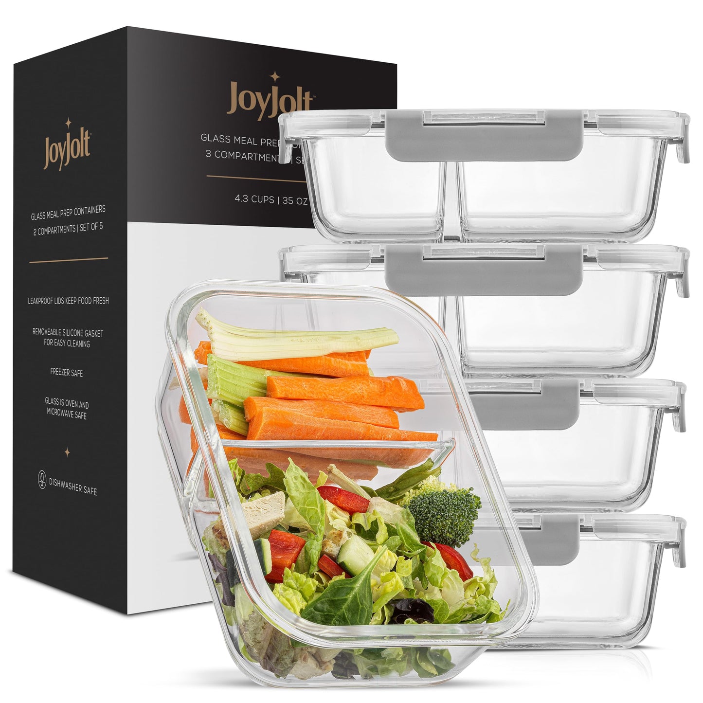 JoyJolt Divided Food Storage Containers with Lids Airtight. 5 Pack Glass Meal Prep Containers 2 Compartment Set Glass Bento Box. Reusable Food Containers, Portion Control Containers for Weight Loss