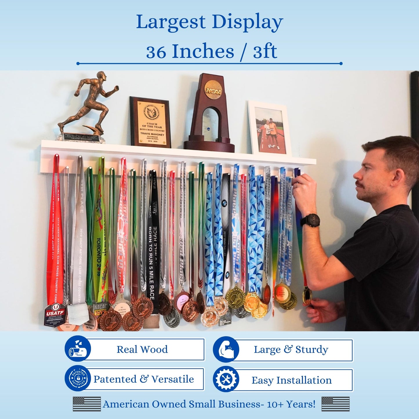 3ft Medal Hanger Display for Wall — Trophy Shelf with Hooks for Medals — 36" Solid Wood — Holds 30+ Medals + Cased Medals for Running, Gymnastics, Cheer, Karate — White- Medal Awards Rack