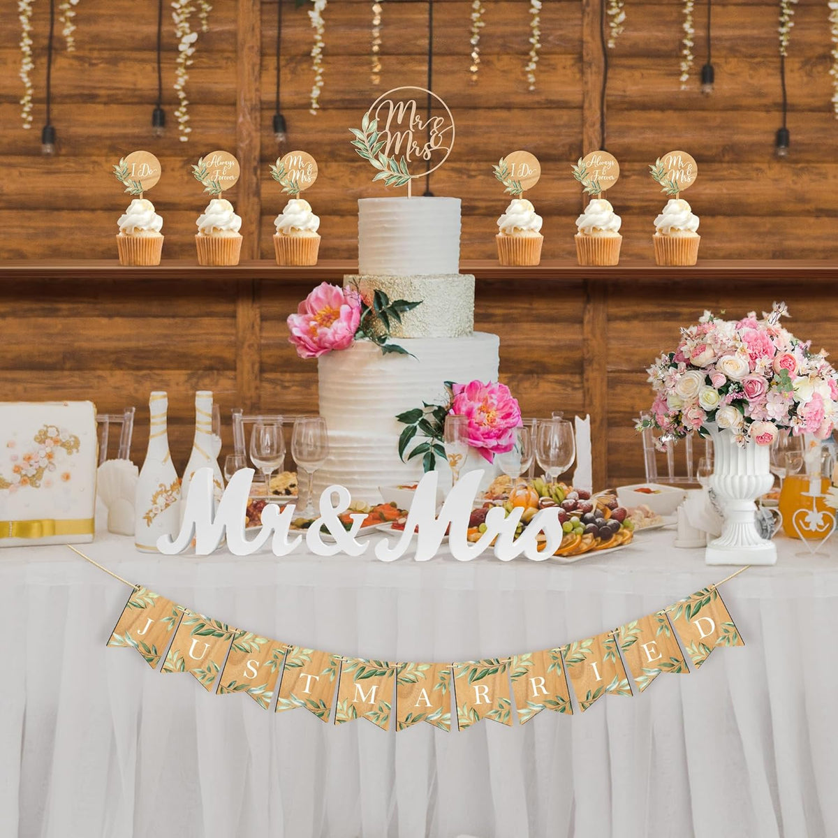 Mr & Mrs Cake Topper & Wedding Cupcake Toppers & Just Married Banner & Mr Mrs Table Sign Green Wedding Decorations in Wood