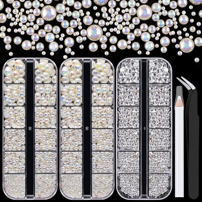 4000PCS Flatback Rhinestones and Half Round Pearls Kit #18, Multi Size Glass Clear Crystals, Plastic Flat Back Beige AB Dome Bead with Pickup Pencil and Tweezer for Nail Art