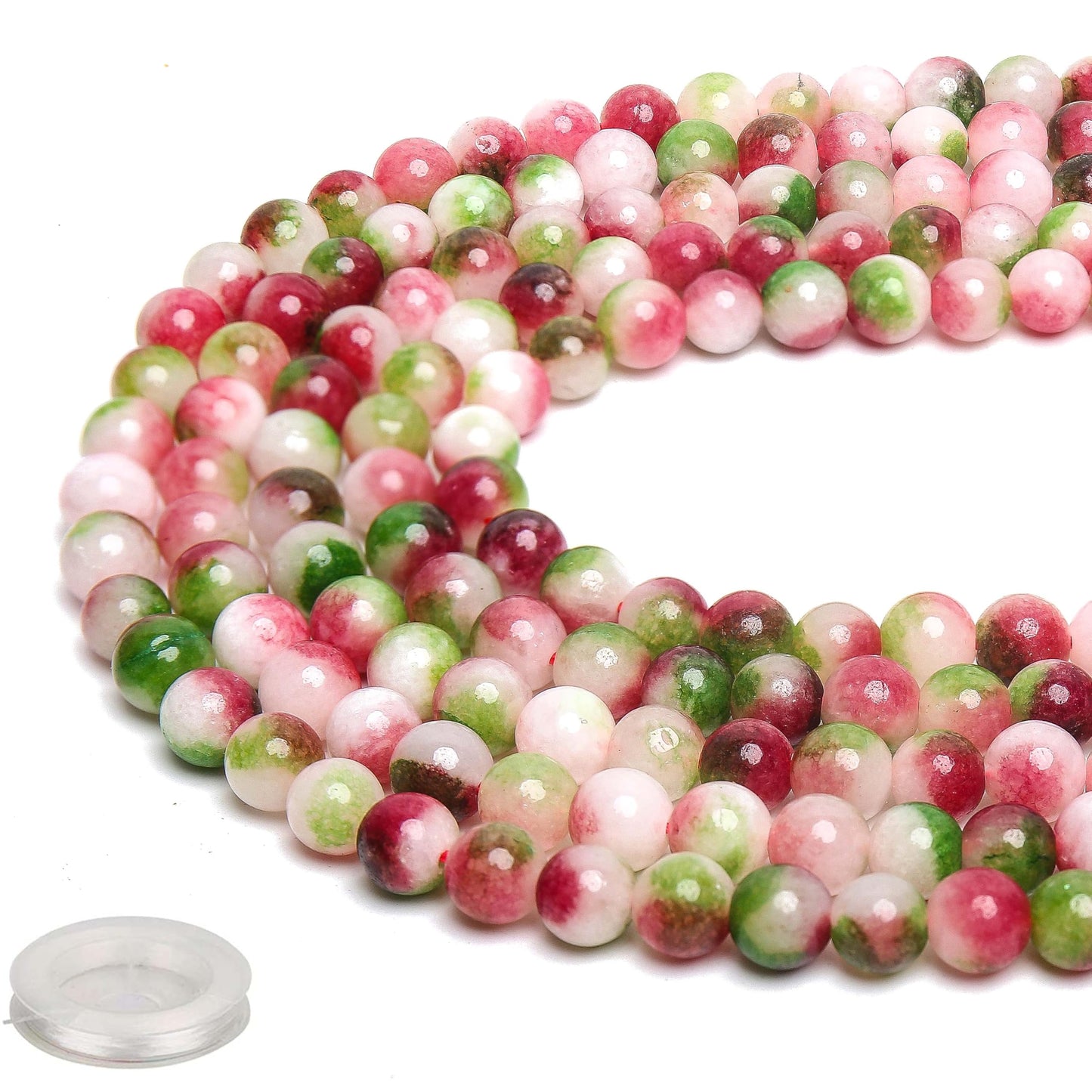 70PCS Natural 8MM Healing Gemstone, Watermelon Tourmaline Energy Stone Round Loose Beads, Semi-Precious Crystal Beads with Free Elastic String for Jewelry Making DIY