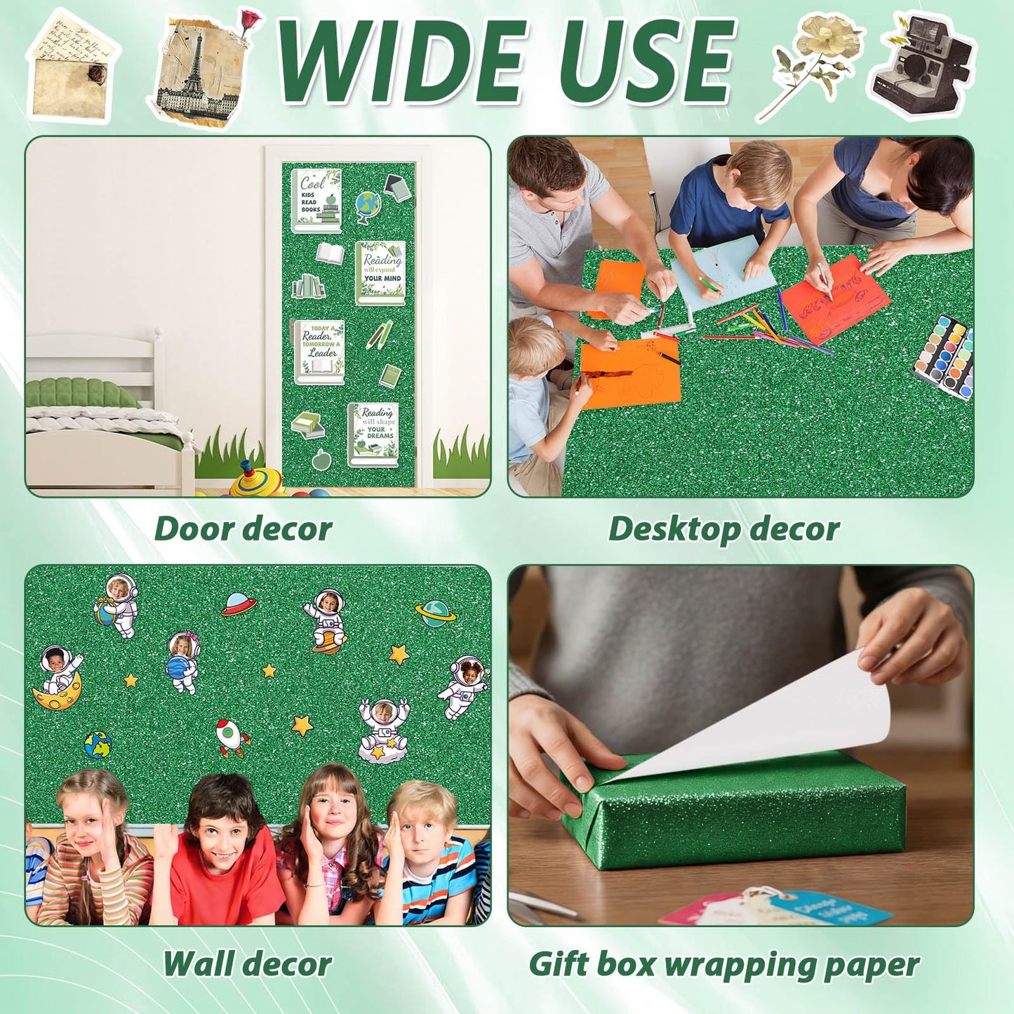 Glitter Green Paper Roll for Bulletin Board DIY Crafts Paper Glitter Wallpaper Dark Green Wrapping Papers 17x240 Inch Sparkle Poster Board Background Wallpaper for Home Office Classroom Decor