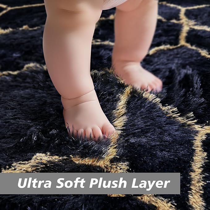 8x10 Fluffy Area Rugs for Living Room,Shag Area Rug for Bedroom,Geometric Soft Fuzzy Rug Non-Shedding Indoor Plush Carpet for Kids Bedroom Nursery Home Decor,Black and Gold