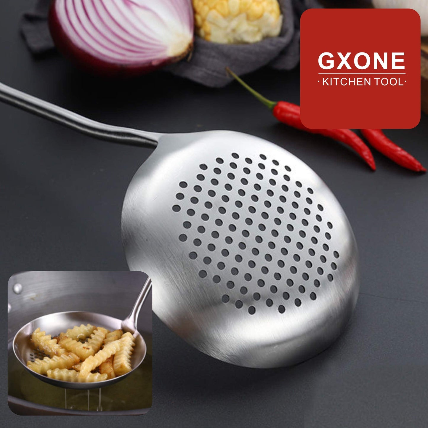 GXONE Slotted Spoon,304 Stainless Steel Skimmer Spoon with Heat Resistant Wooden Handle,Silver/15.8Inch