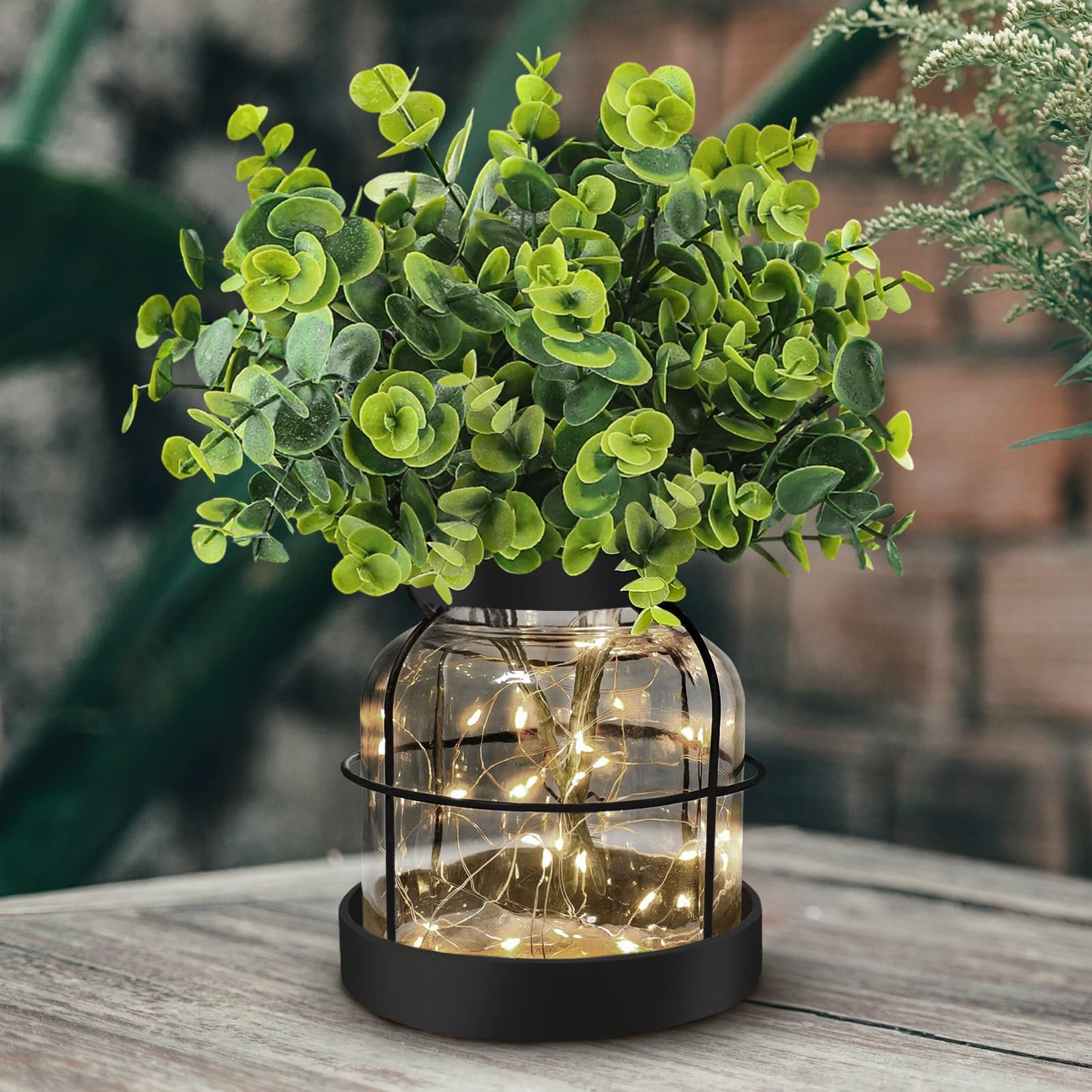 Farmhouse Rustic Glass Vases Primitive Country Lantern Coffee Dining Table Centerpiece Green Fake Artificial Eucalyptus Plants with Light Home Decor for Shelf Desk Counter Kitchen Bathroom, Black