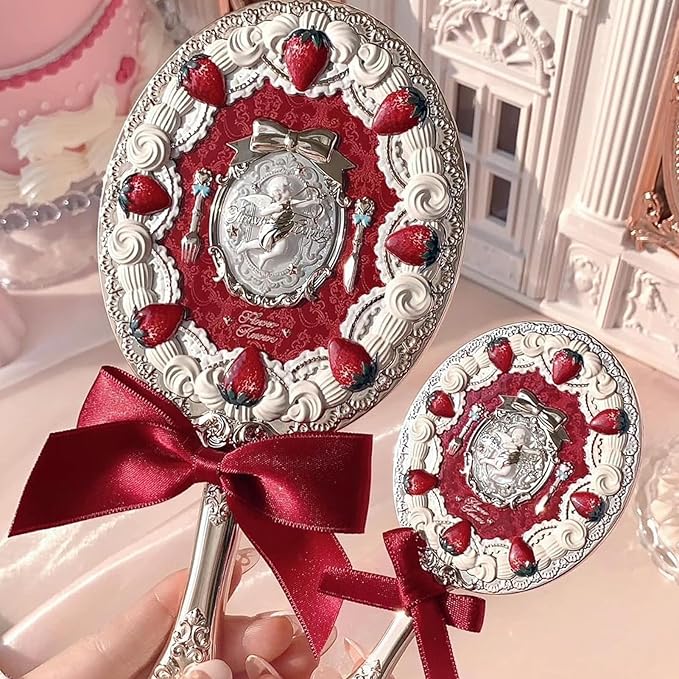 Flower Knows Strawberry Cupid Hand Mirror,Vintage Handheld Mirror,Fancy & Pretty Princess Mirror with Long Handle,Gift for Girls & Women(Red Velvet)