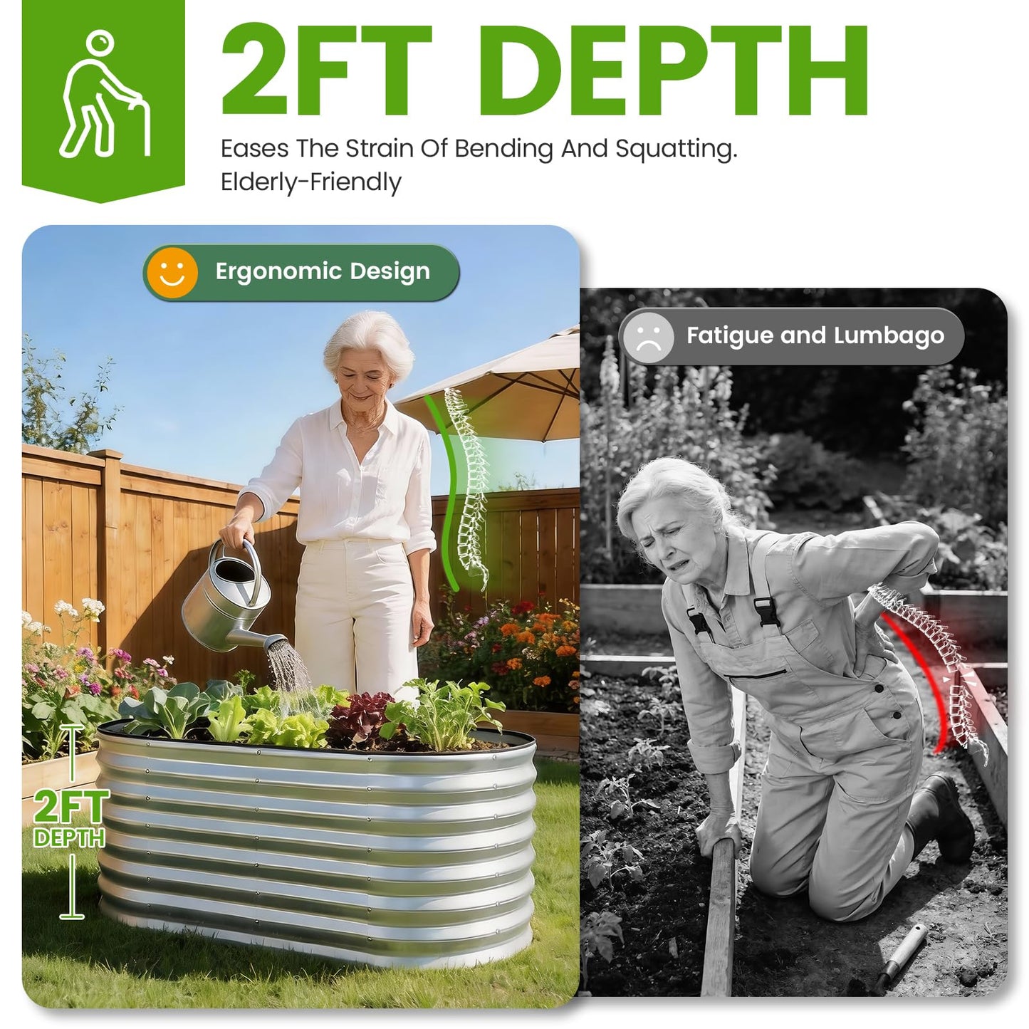 VIREO GARDEN Galvanized Raised Garden Bed Outdoor 24'' Deep | Oval Metal Garden Beds with Easy Assembly & Planter Box for Planting Deep Root Vegetables Fruits Flowers, 4x2x2ft Silver