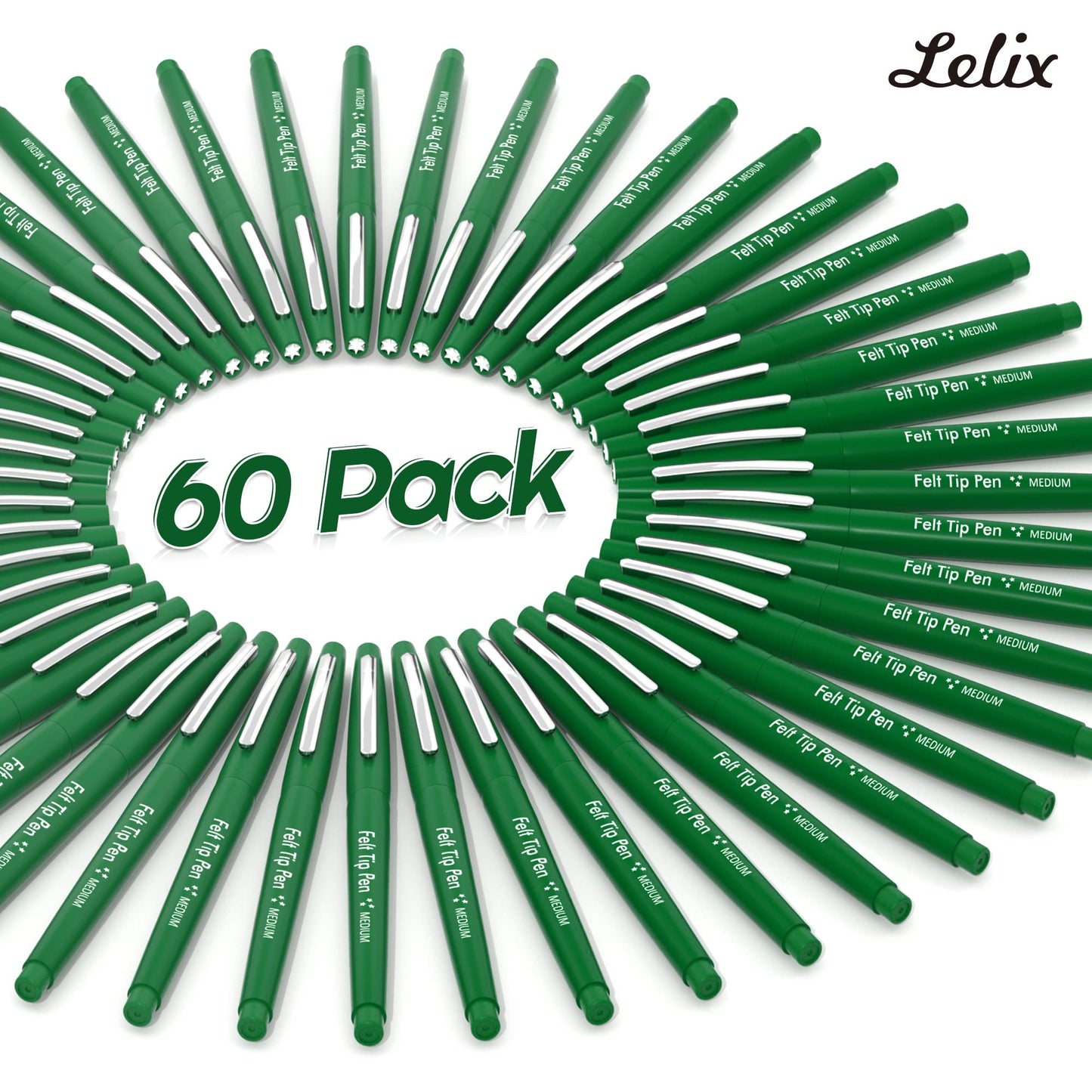 Lelix Felt Tip Pens, 60 Green Pack, 0.7mm Medium Point, Felt Tip Markers Pens for Journaling, Writing, Note Taking, Planner, Perfect for School Office and Art Supplies