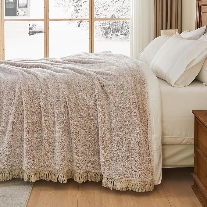 EMME Fleece Throw Blankets Soft Sherpa Plush Blankets for Couch Cozy Bed Blanket(Tassel Khaki, 90"x90")