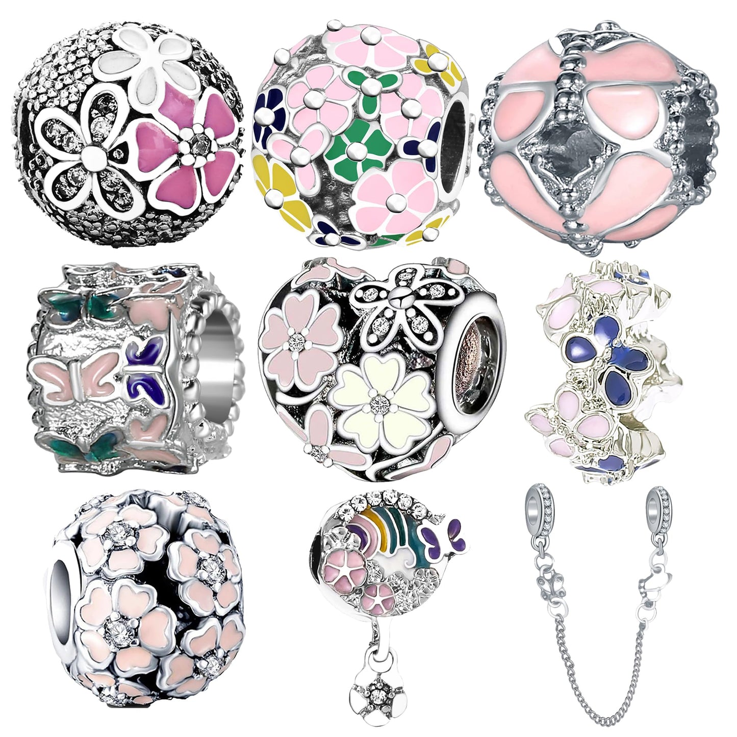 awaFanee 9 Pack Silver Spacer Beads Charms fit Bracelet Butterfly Pink CZ Pendant Set Heart Enamel Cherry Blossoms