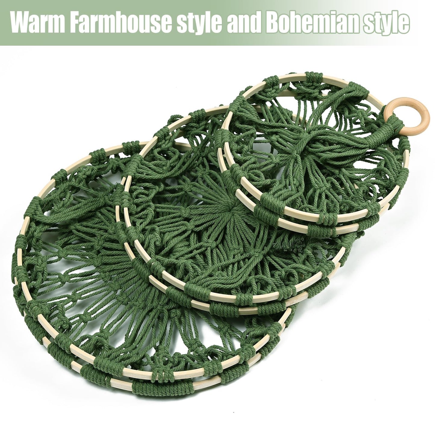 3 Tier Hanging Fruit Baskets for Kitchen, Macrame Plant Hanger Cotton Rope Handwoven Hammock Produce Storage Organizer Basket for Plants Holder, Vegetable, Onion, Potato (Green)