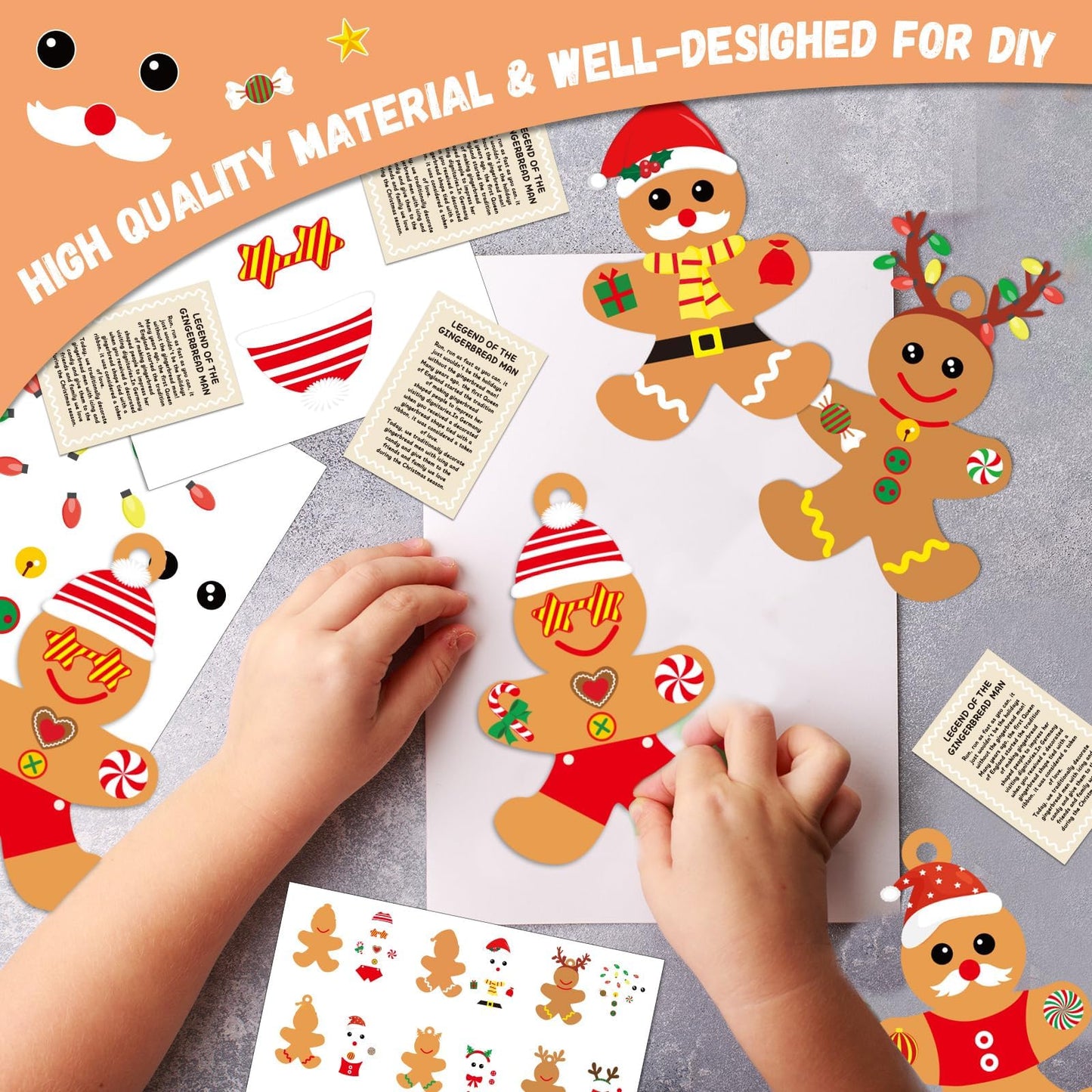 Qyeahkj 72 Pack Christmas Gingerbread Men Craft Kit Bulk DIY Arts and Crafts for Make Your Own Gingerbread Xmas Tree Ornaments Stickers for Winter Holiday Xmas Chirstmas Decoration