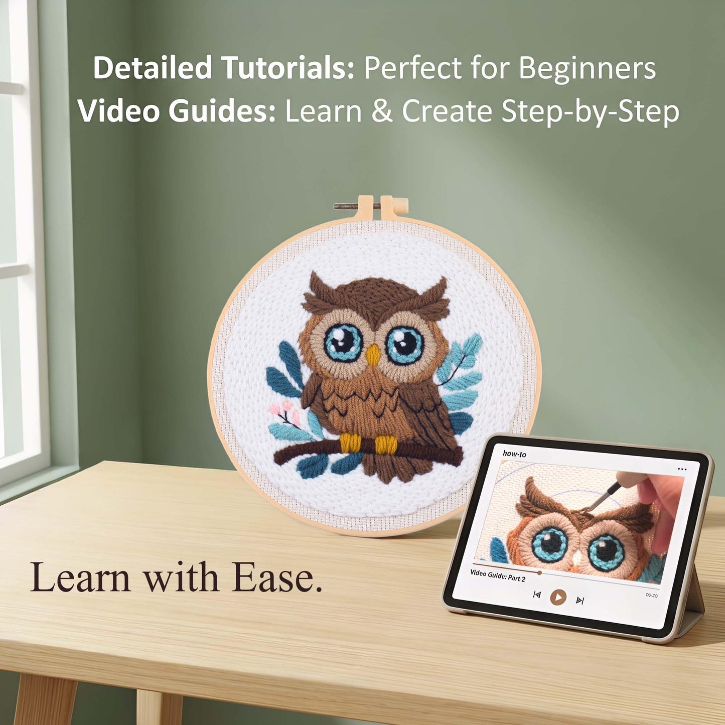 Harimau Punch Needle Kit Owl Pattern,1Pc Embroidery Hoop, Essential Punch Needle Supplies,Ideal Punch Art for Beginners,DIY Adults Embroidery, Video Teaching
