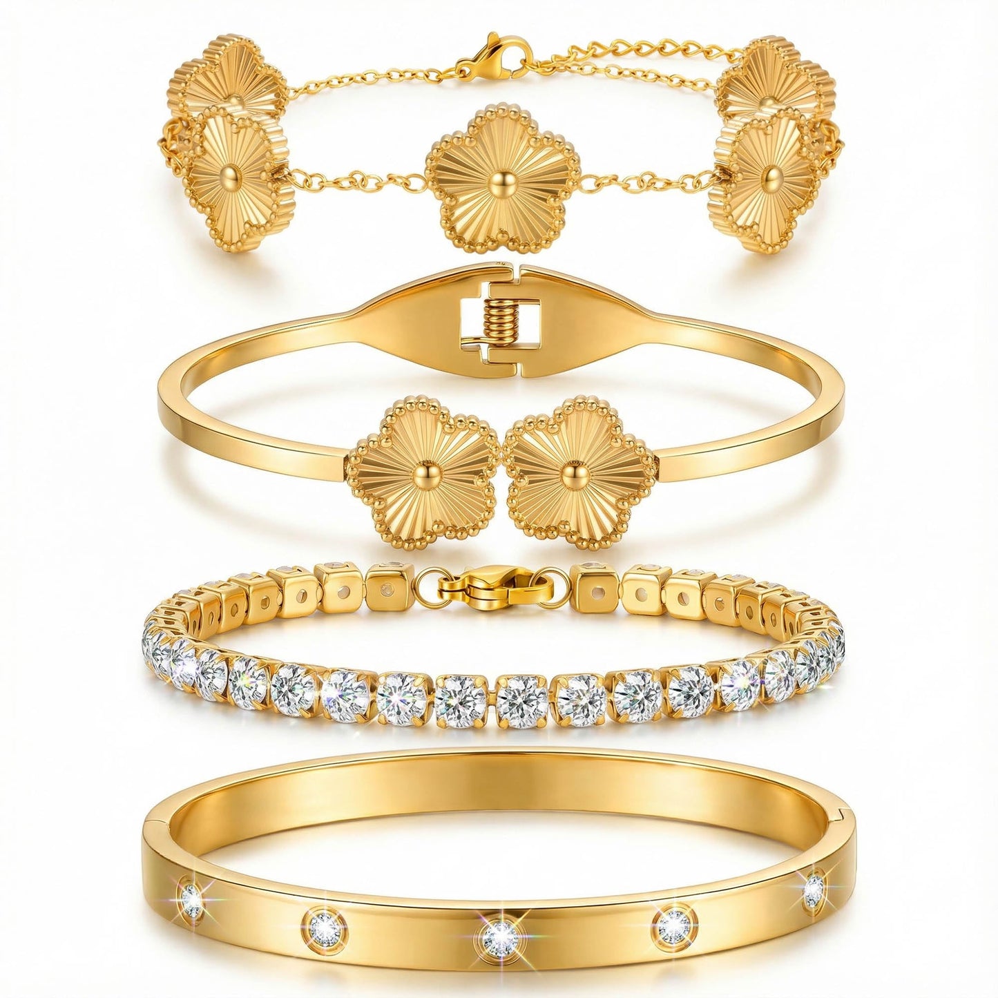ISELBDR 18K Gold Plated Clover Bangle Bracelet Set for Women Stackable Adjustable Tennis Bracelet Non Tarnish Gift Jewelry for Christmas Valentines Birthday Mother's Day